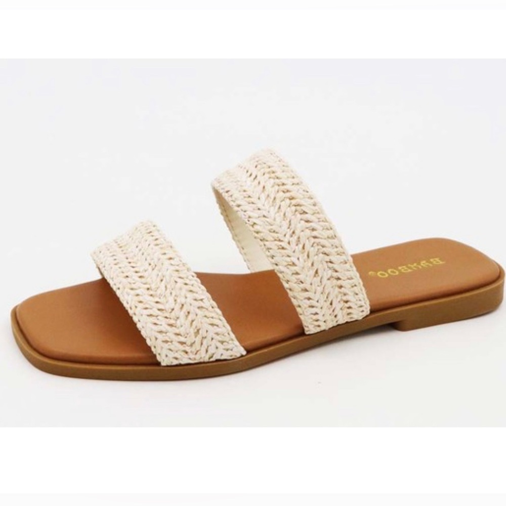 NWT!! BEACH STYLE SYNTHETIC RAFFIA BRAIDED DOUBLE STRAP FLAT SANDAL - Picture 5 of 6